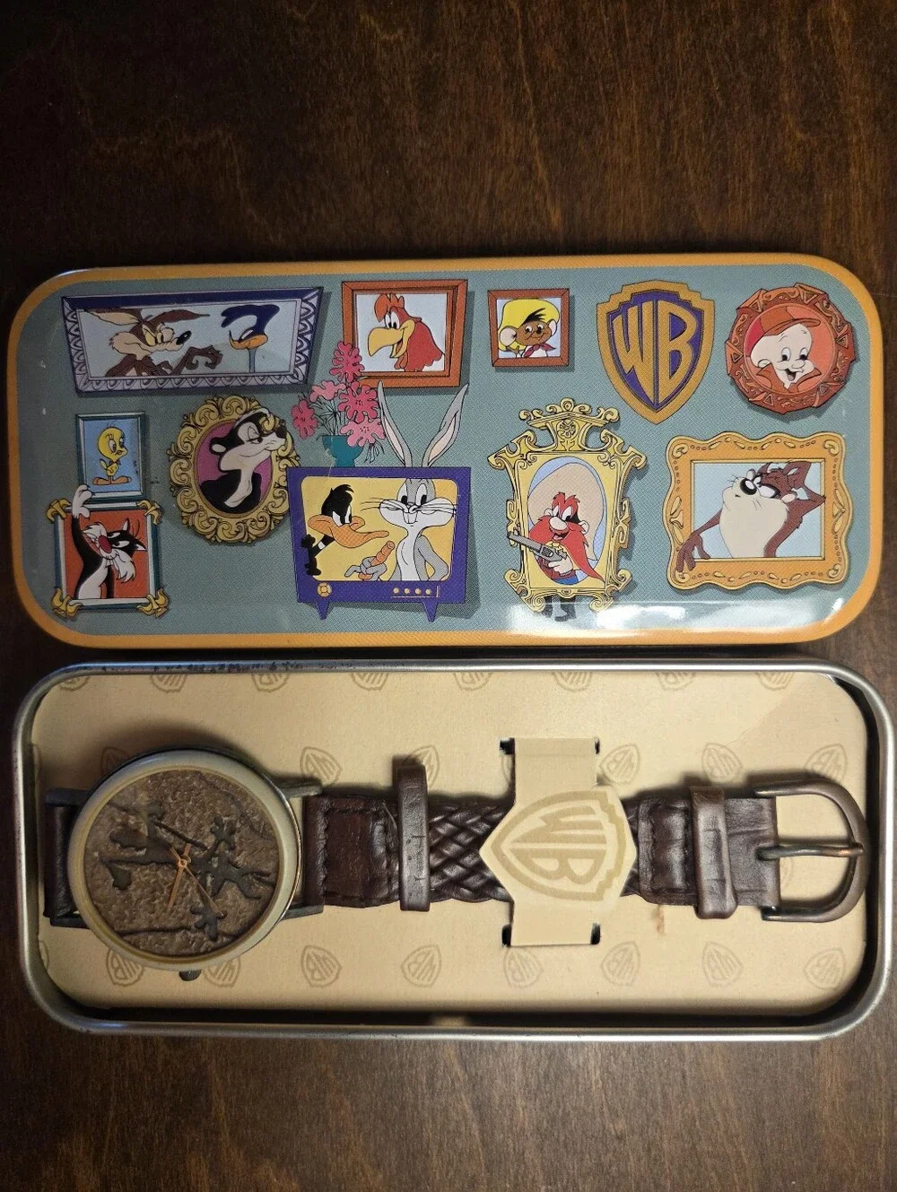 Warner Bros. Brown Leather Strap Watch with Looney Tunes Tin